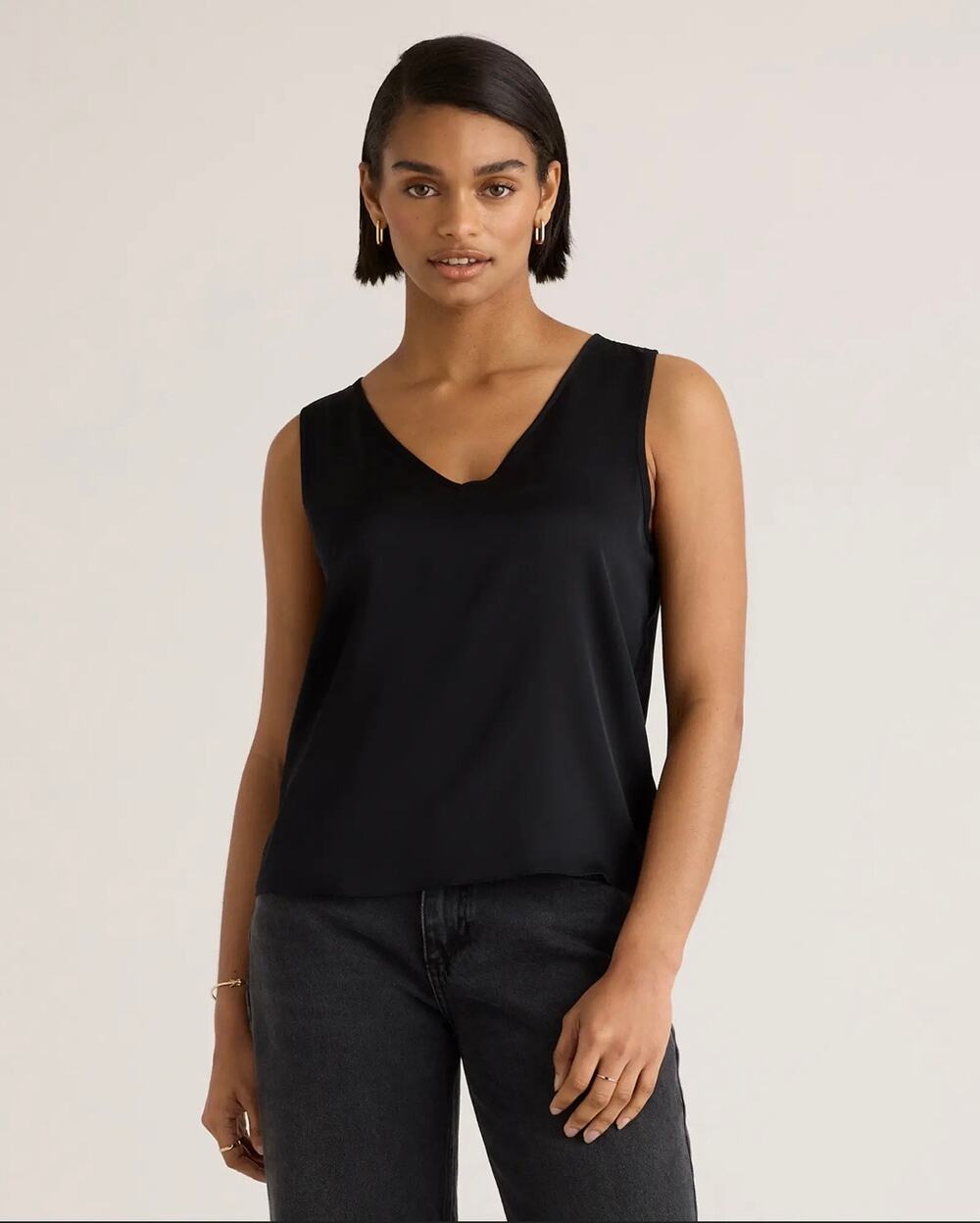 Quince Washable Stretch Silk Tank Black Large V Neck Wide Strap